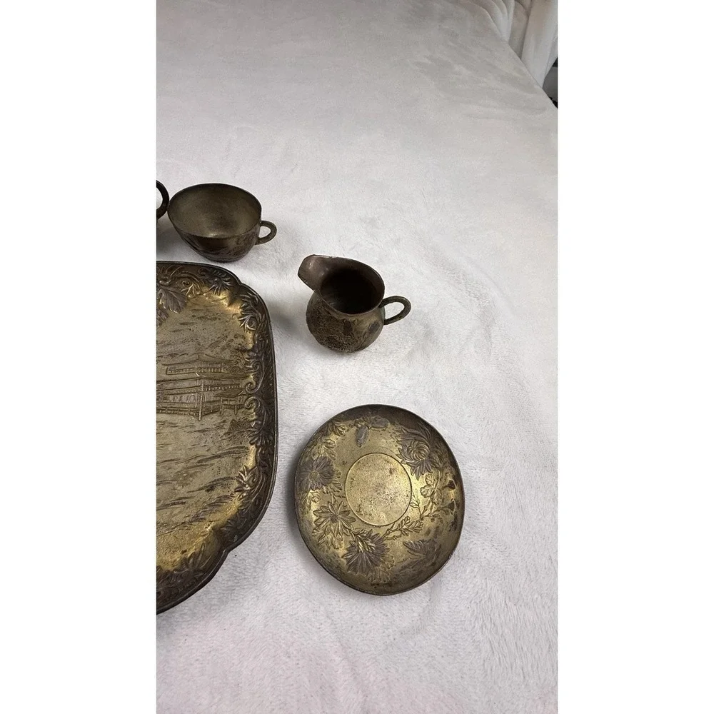 Vintage Japanese Brass Mini Tea Set Tray Teapot Cups Etched Floral Decor
